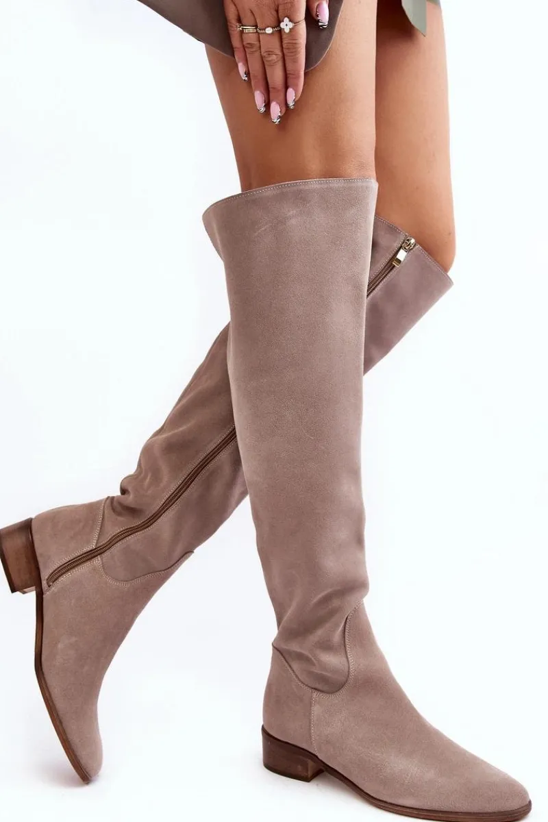 Discount Damskie Zamszowe Kozaki Za Kolano Na Płaskim Obcasie Beżowe Hewanella Damskie Muszkieterki|Kozaki Za Kolano