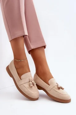 Outlet Boto Damskie Zamszowe Mokasyny Beżowe Dansitu
