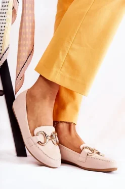 Sale Damskie Zamszowe Mokasyny Z Ozdobą Beżowe Reality Damskie Loafersy Damskie|Mokasyny Płaskie