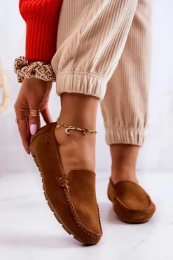 Best Damskie Zamszowe Mokasyny Big Star JJ274660 Camel Damskie Mokasyny Damskie Zamszowe