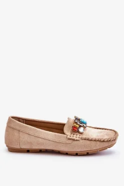 Loafersy Damskie|Mokasyny Damskie Zamszowe>Evento Damskie Zamszowe Mokasyny Z Kryształkami Beżowe Lucille Beżowy