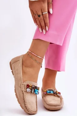 Loafersy Damskie|Mokasyny Damskie Zamszowe>Evento Damskie Zamszowe Mokasyny Z Kryształkami Beżowe Lucille Beżowy