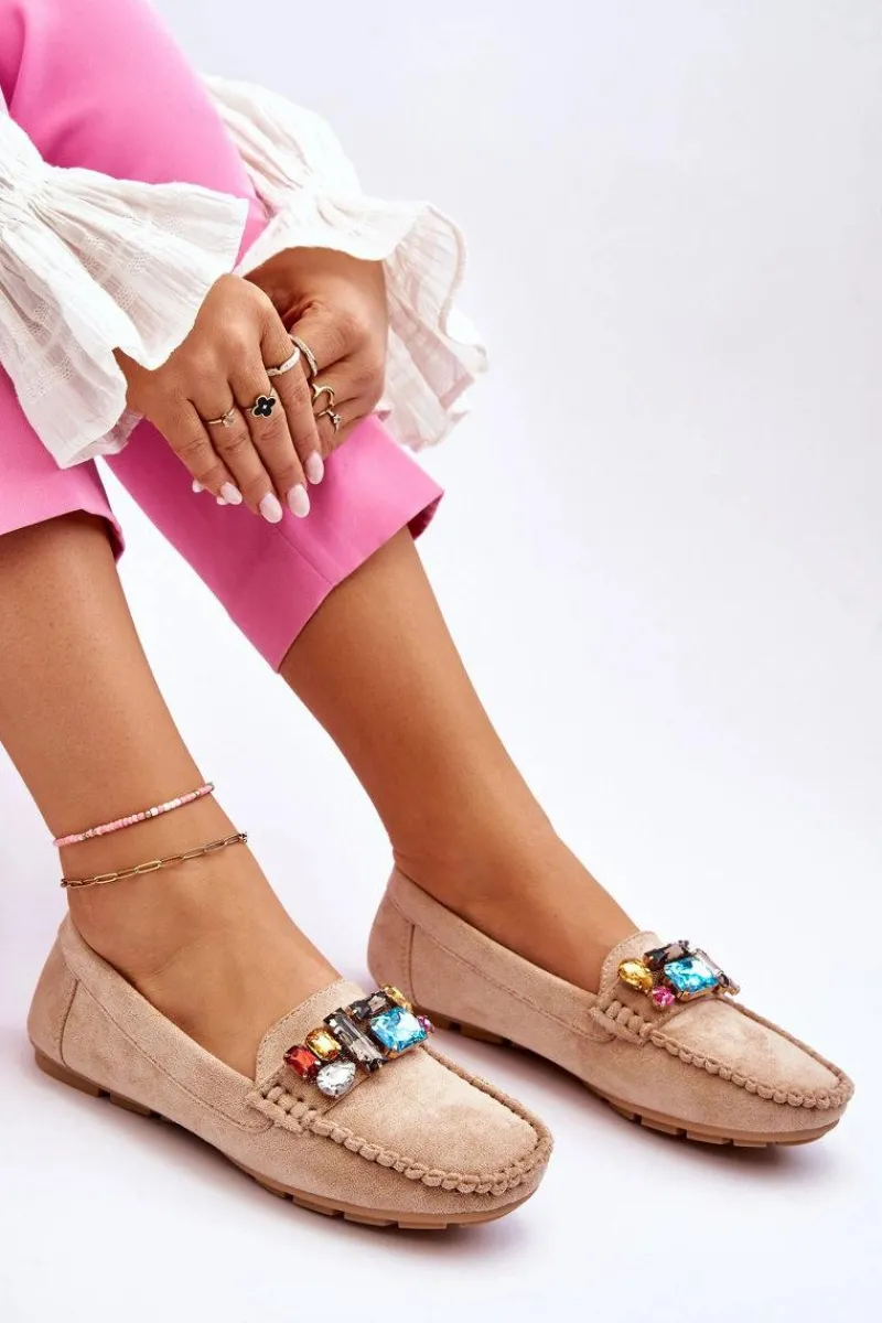 Loafersy Damskie|Mokasyny Damskie Zamszowe>Evento Damskie Zamszowe Mokasyny Z Kryształkami Beżowe Lucille Beżowy