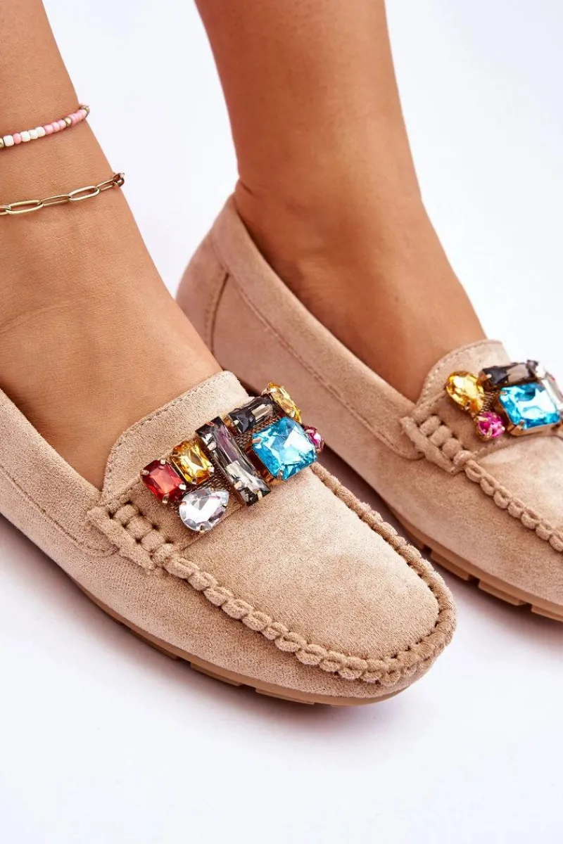 Loafersy Damskie|Mokasyny Damskie Zamszowe>Evento Damskie Zamszowe Mokasyny Z Kryształkami Beżowe Lucille Beżowy