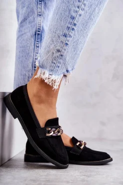 Sale Boto Damskie Zamszowe Mokasyny Z Łańcuszkiem Czarne Nolie