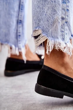 Sale Boto Damskie Zamszowe Mokasyny Z Łańcuszkiem Czarne Nolie