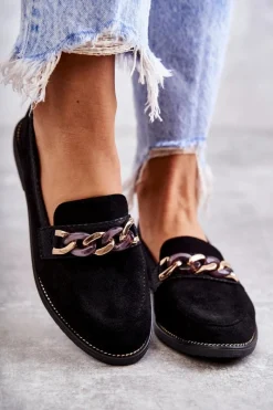 Sale Boto Damskie Zamszowe Mokasyny Z Łańcuszkiem Czarne Nolie