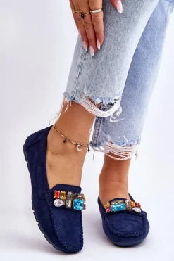Sale Damskie Zamszowe Mokasyny Z Kryształkami Granatowe Lucille Damskie Loafersy Damskie|Mokasyny Damskie Zamszowe