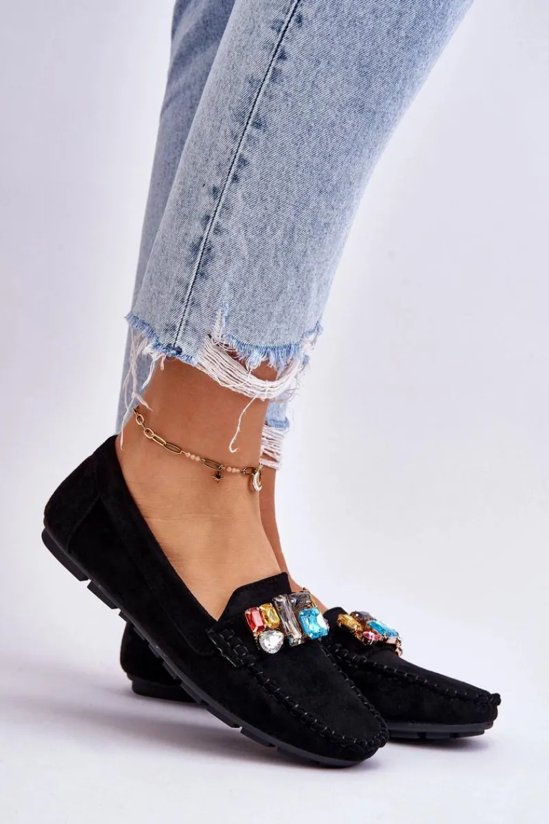 Sale Damskie Zamszowe Mokasyny Z Kryształkami Granatowe Lucille Damskie Loafersy Damskie|Mokasyny Damskie Zamszowe