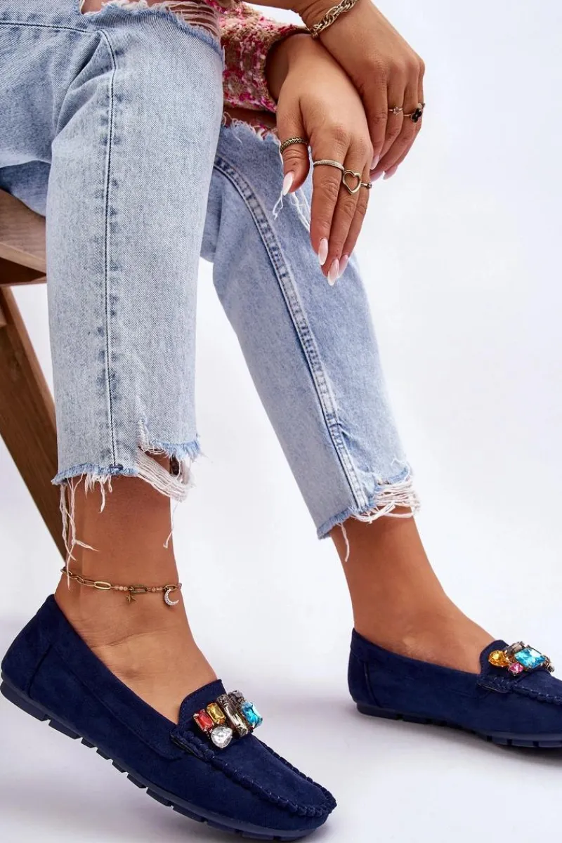 Sale Damskie Zamszowe Mokasyny Z Kryształkami Granatowe Lucille Damskie Loafersy Damskie|Mokasyny Damskie Zamszowe