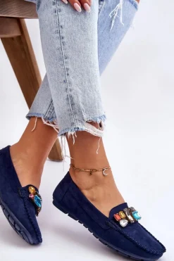Sale Damskie Zamszowe Mokasyny Z Kryształkami Granatowe Lucille Damskie Loafersy Damskie|Mokasyny Damskie Zamszowe