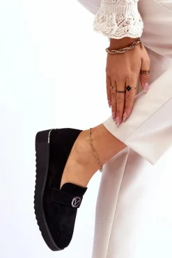 Outlet Damskie Zamszowe Mokasyny Na Niskim Koturnie Czarne Synthia Damskie Mokasyny Damskie Zamszowe