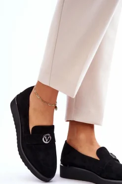 Outlet Damskie Zamszowe Mokasyny Na Niskim Koturnie Czarne Synthia Damskie Mokasyny Damskie Zamszowe