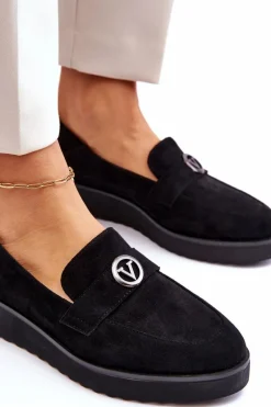 Outlet Damskie Zamszowe Mokasyny Na Niskim Koturnie Czarne Synthia Damskie Mokasyny Damskie Zamszowe