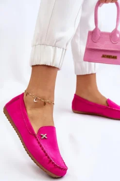 Discount Damskie Zamszowe Mokasyny Z Ozdobą Fuksja Leah Damskie Mokasyny Damskie Zamszowe