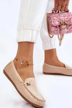 Clearance Boto Damskie Zamszowe Mokasyny Z Ozdobą Beżowe Leah