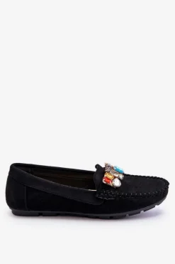 Loafersy Damskie|Mokasyny Damskie Zamszowe>Evento Damskie Zamszowe Mokasyny Z Kryształkami Czarne Lucille