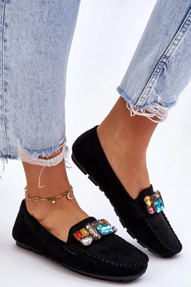 Loafersy Damskie|Mokasyny Damskie Zamszowe>Evento Damskie Zamszowe Mokasyny Z Kryształkami Czarne Lucille