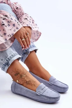 Outlet Boto Damskie Zamszowe Mokasyny Niebieskie Lenvie