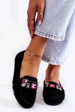 Discount Damskie Zamszowe Mokasyny Z Ozdobami Czarne Janetta Damskie Mokasyny Damskie Zamszowe
