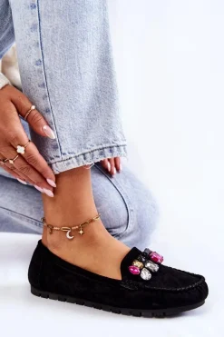 Discount Damskie Zamszowe Mokasyny Z Ozdobami Czarne Janetta Damskie Mokasyny Damskie Zamszowe