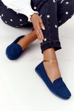 Hot Damskie Zamszowe Mokasyny Big Star HH274663 Granatowe Damskie Mokasyny Damskie Zamszowe