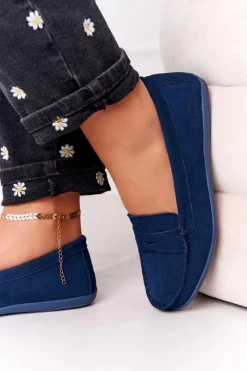 Hot Damskie Zamszowe Mokasyny Big Star HH274663 Granatowe Damskie Mokasyny Damskie Zamszowe