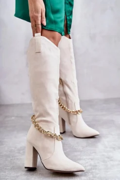 New Boto Damskie Zamszowe Ocieplane Kozaki Z Łańcuchem Jasnobeżowe Jasmin