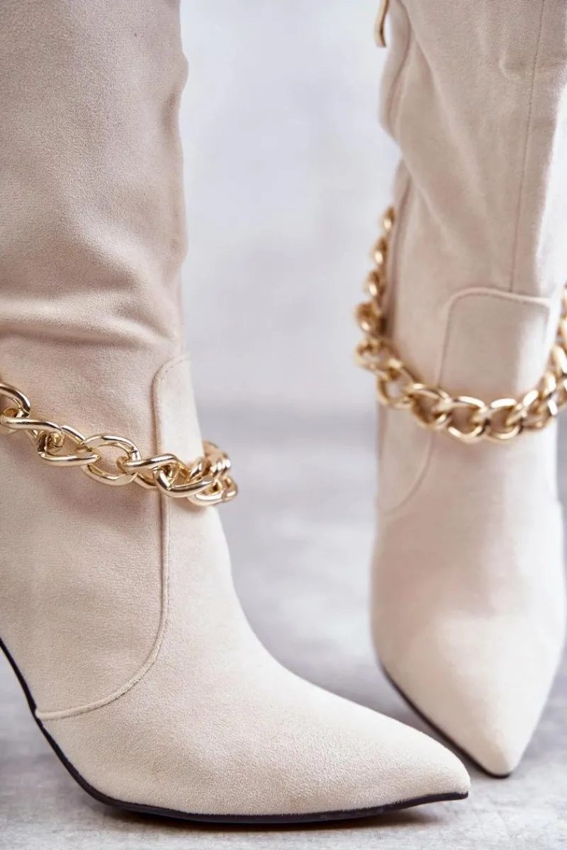 New Boto Damskie Zamszowe Ocieplane Kozaki Z Łańcuchem Jasnobeżowe Jasmin