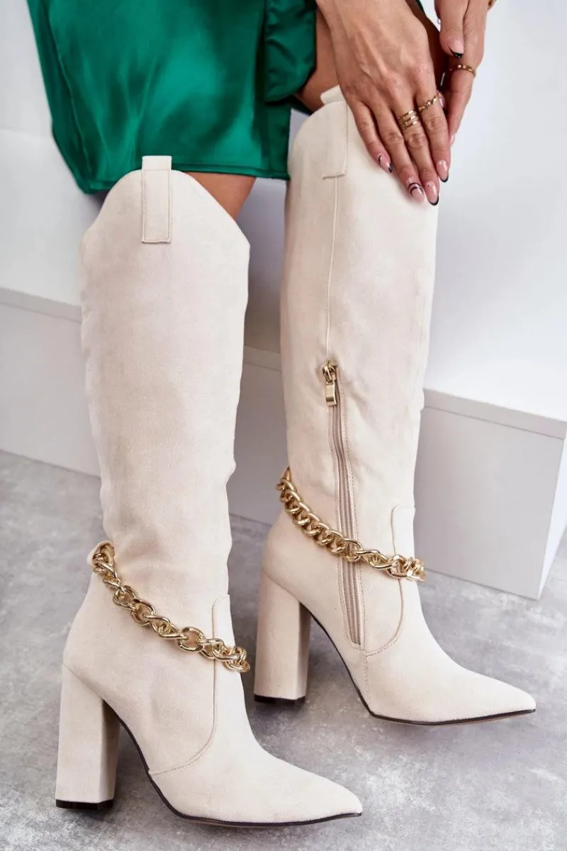 New Boto Damskie Zamszowe Ocieplane Kozaki Z Łańcuchem Jasnobeżowe Jasmin