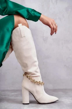 New Boto Damskie Zamszowe Ocieplane Kozaki Z Łańcuchem Jasnobeżowe Jasmin