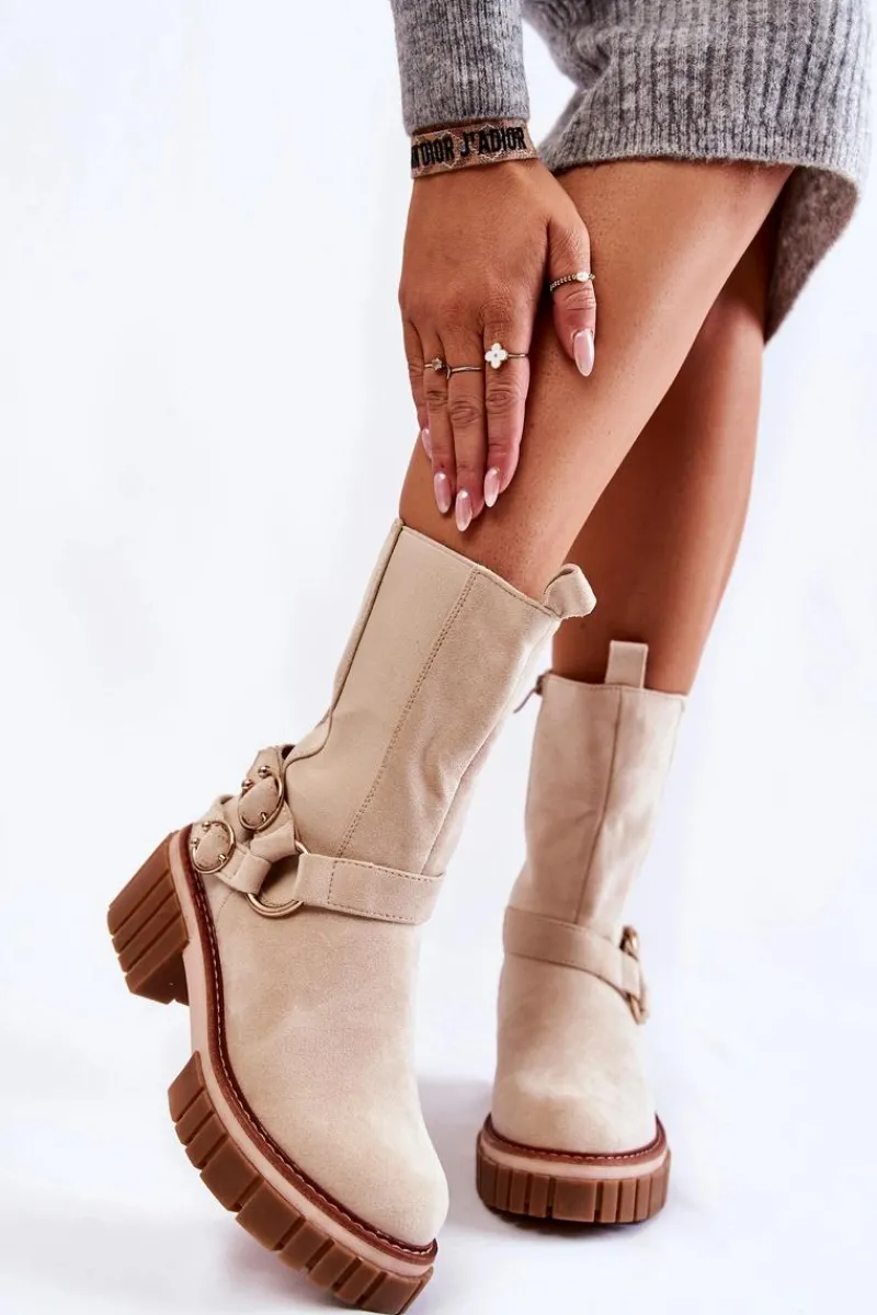 Outlet Damskie Zamszowe Ocieplane Botki Workery Beżowe Brinnon Damskie Botki Zimowe Damskie|Brązowe I Beżowe Botki