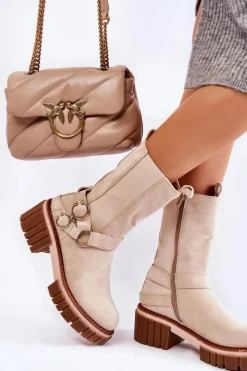 Outlet Damskie Zamszowe Ocieplane Botki Workery Beżowe Brinnon Damskie Botki Zimowe Damskie|Brązowe I Beżowe Botki