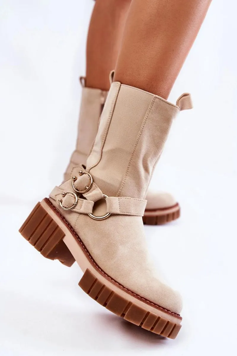 Outlet Damskie Zamszowe Ocieplane Botki Workery Beżowe Brinnon Damskie Botki Zimowe Damskie|Brązowe I Beżowe Botki
