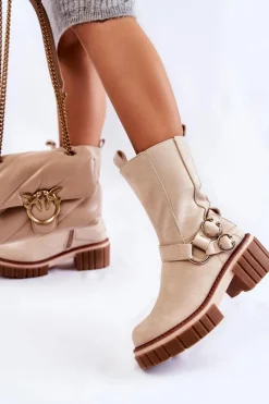 Outlet Damskie Zamszowe Ocieplane Botki Workery Beżowe Brinnon Damskie Botki Zimowe Damskie|Brązowe I Beżowe Botki