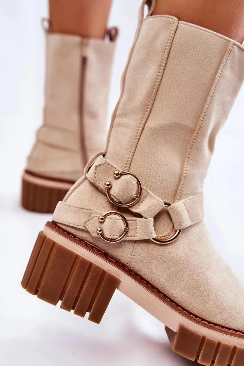 Outlet Damskie Zamszowe Ocieplane Botki Workery Beżowe Brinnon Damskie Botki Zimowe Damskie|Brązowe I Beżowe Botki