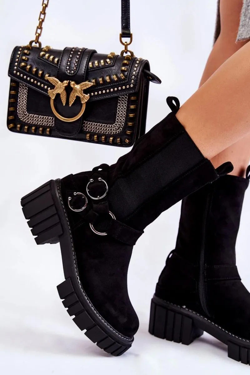 New Evento Damskie Zamszowe Ocieplane Botki Workery Czarne Brinnon