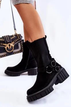 New Evento Damskie Zamszowe Ocieplane Botki Workery Czarne Brinnon