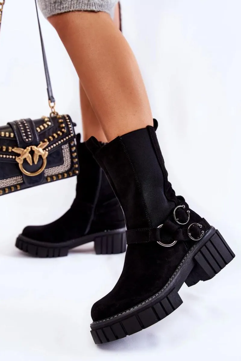 New Evento Damskie Zamszowe Ocieplane Botki Workery Czarne Brinnon