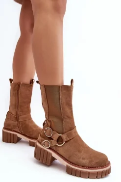 New Damskie Zamszowe Ocieplane Botki Workery Camel Brinnon Damskie Botki Zimowe Damskie|Brązowe I Beżowe Botki