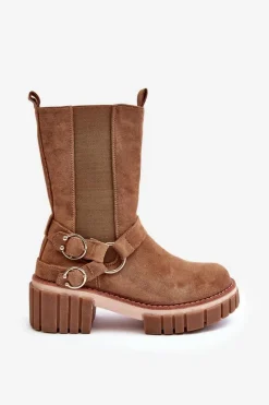 New Damskie Zamszowe Ocieplane Botki Workery Camel Brinnon Damskie Botki Zimowe Damskie|Brązowe I Beżowe Botki