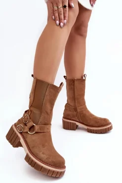 New Damskie Zamszowe Ocieplane Botki Workery Camel Brinnon Damskie Botki Zimowe Damskie|Brązowe I Beżowe Botki