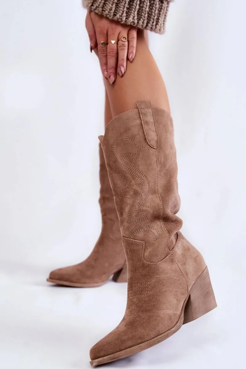 Sale Damskie Zamszowe Ocieplane Kozaki Kowbojki Beżowe Caterina Damskie Kozaki Przed Kolano|Kozaki Na Obcasie