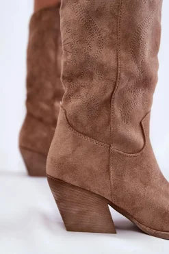 Sale Damskie Zamszowe Ocieplane Kozaki Kowbojki Beżowe Caterina Damskie Kozaki Przed Kolano|Kozaki Na Obcasie