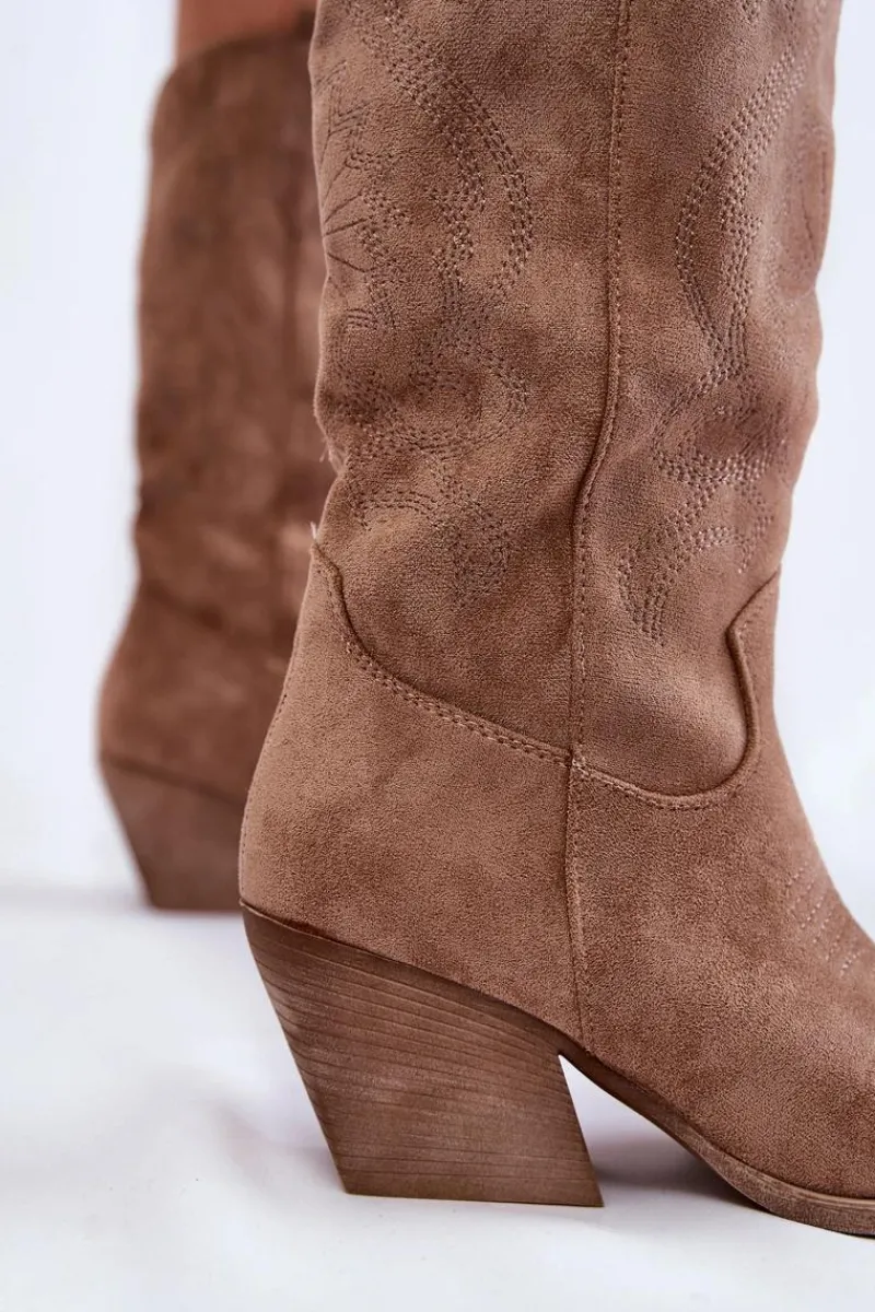 Sale Damskie Zamszowe Ocieplane Kozaki Kowbojki Beżowe Caterina Damskie Kozaki Przed Kolano|Kozaki Na Obcasie