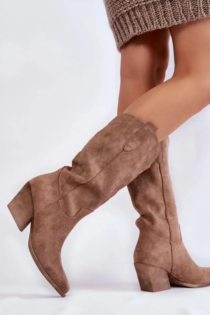 Sale Damskie Zamszowe Ocieplane Kozaki Kowbojki Beżowe Caterina Damskie Kozaki Przed Kolano|Kozaki Na Obcasie