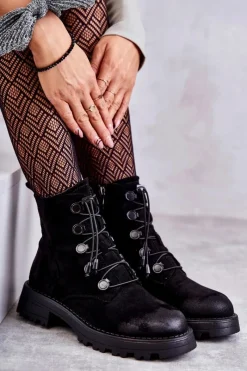 Boto Damskie Zamszowe Ocieplane Botki Ze Ściągaczem Czarne Helia