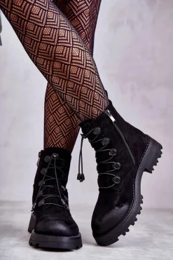 Boto Damskie Zamszowe Ocieplane Botki Ze Ściągaczem Czarne Helia