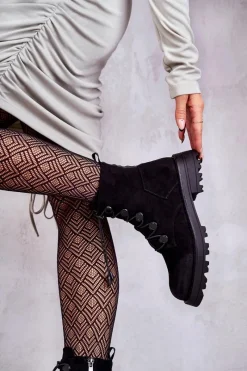 Boto Damskie Zamszowe Ocieplane Botki Ze Ściągaczem Czarne Helia