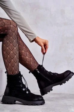 Boto Damskie Zamszowe Ocieplane Botki Ze Ściągaczem Czarne Helia